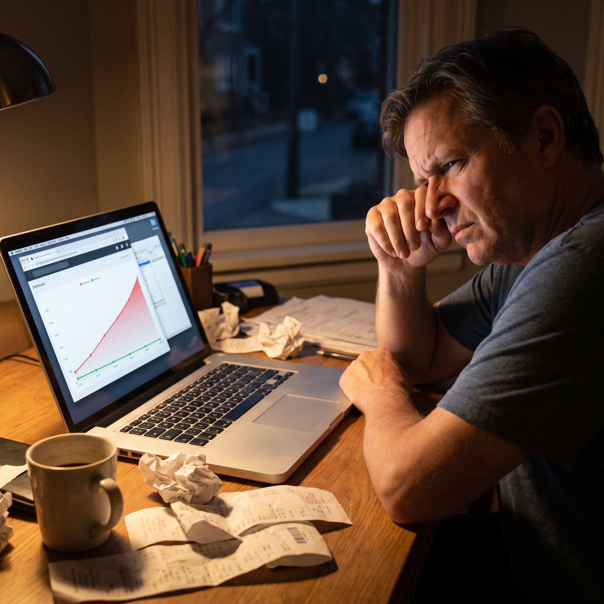 Frustrated small business owner reviewing rising ad spend with little return late at night