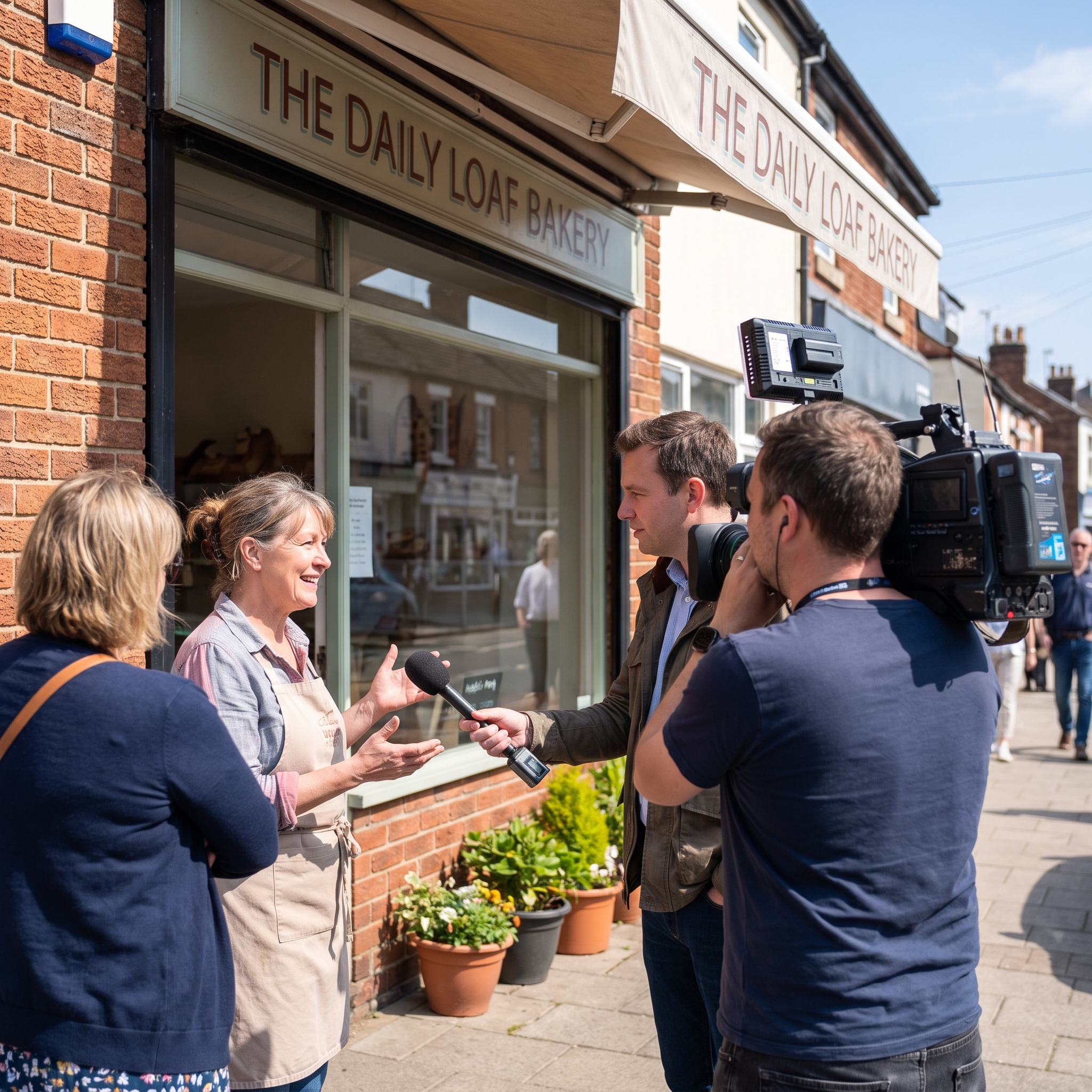 Confident local business owner being genuinely featured on camera by a community news crew