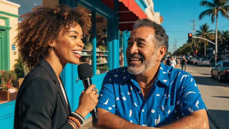 A cheerful TV reporter interviewing a smiling small business owner outside a colorful South Florida storefront