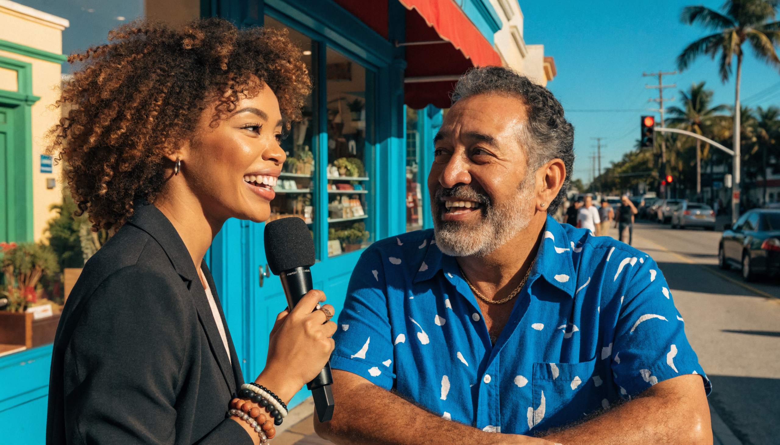 A cheerful TV reporter interviewing a smiling small business owner outside a colorful South Florida storefront