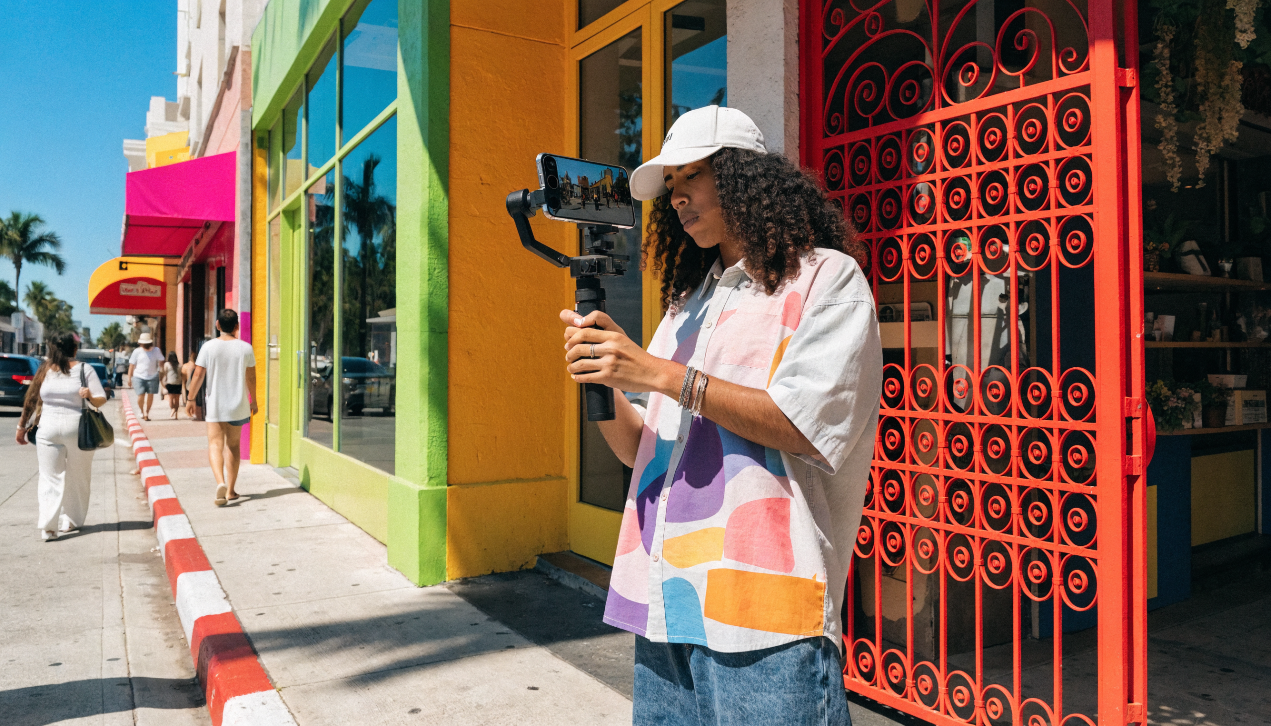 A content creator filming a vertical short-form video of a vibrant South Florida business on a smartphone gimbal