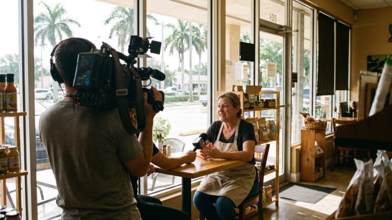 Local South Florida TV crew filming a warm interview with a small-business owner in their storefront