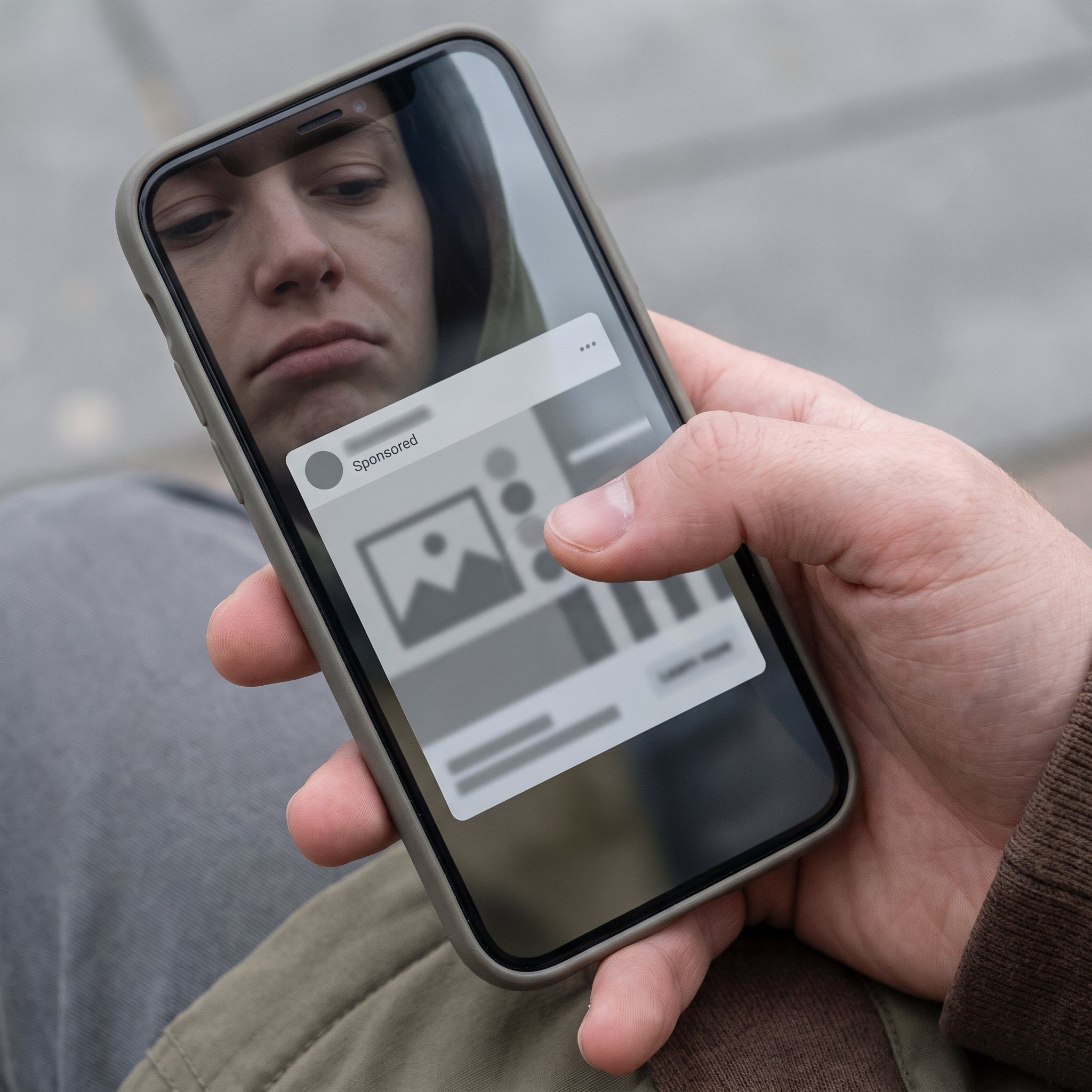 Hand scrolling past a generic paid advertisement on a phone with a bored, indifferent expression