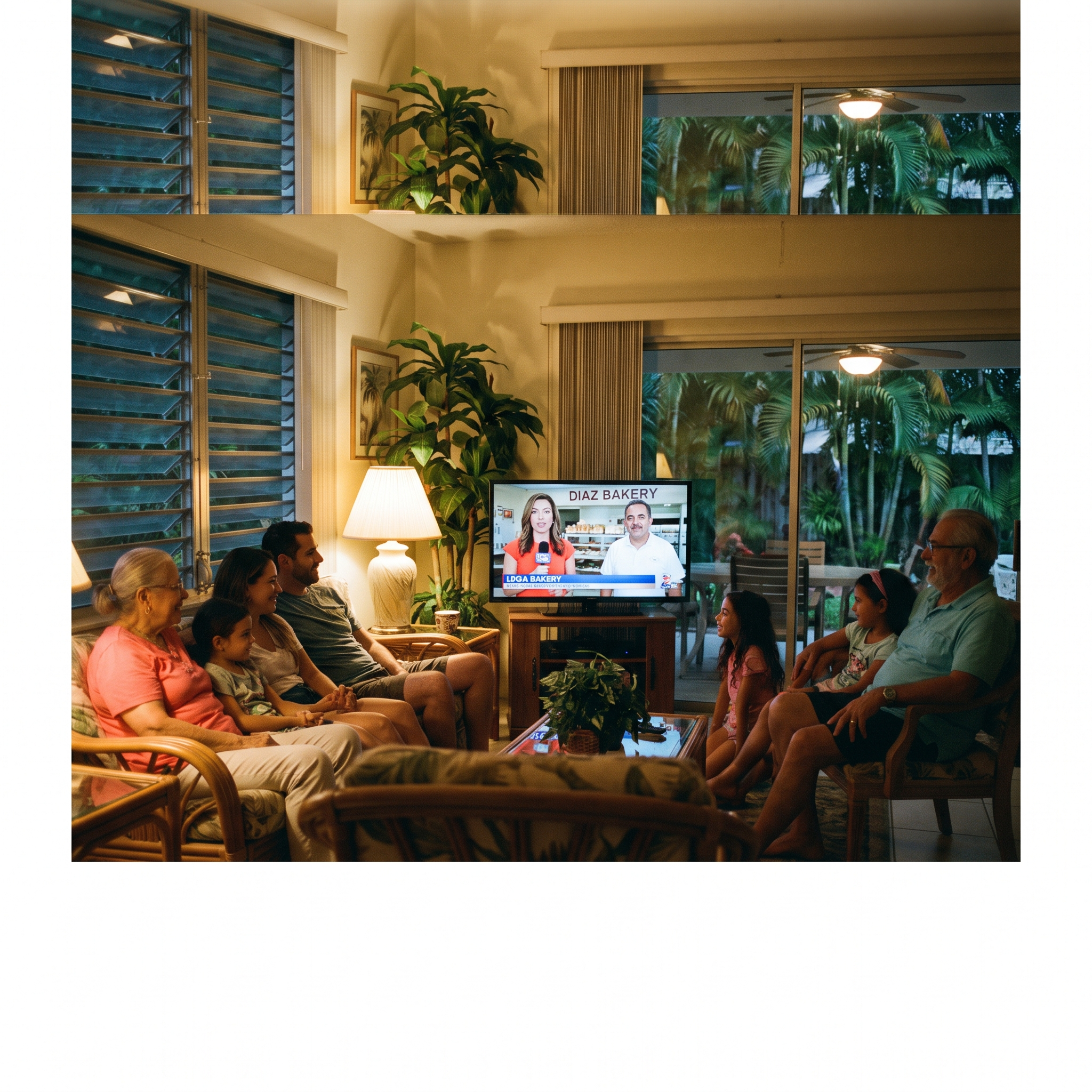 South Florida family watching a local news feature about a neighborhood business with trust
