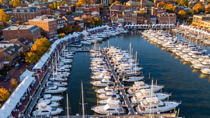Aerial view of Annapolis City Dock packed with boats during the Annapolis Boat Shows, State House dome behind