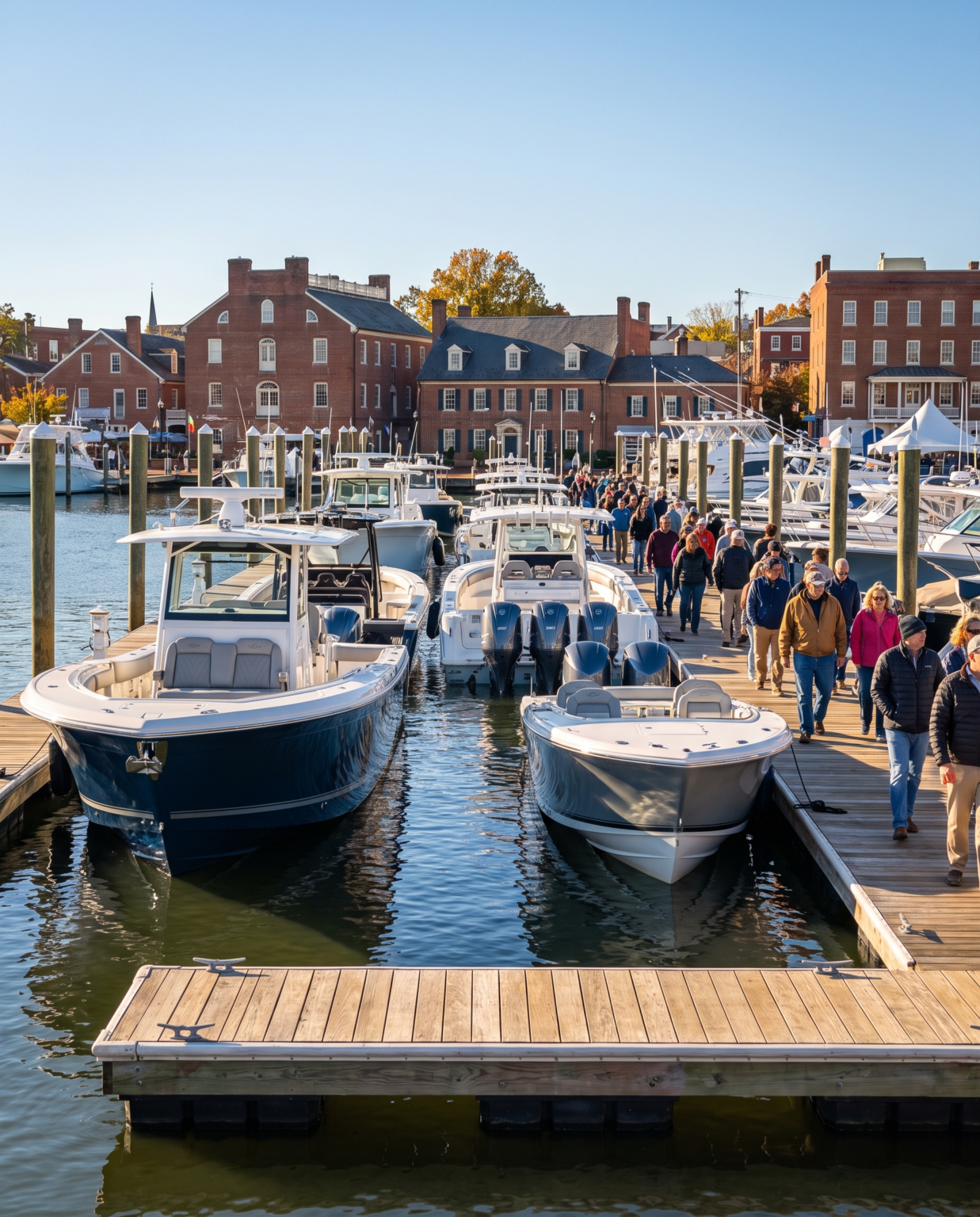 Center-console powerboats on the floating docks at the Annapolis Powerboat Show