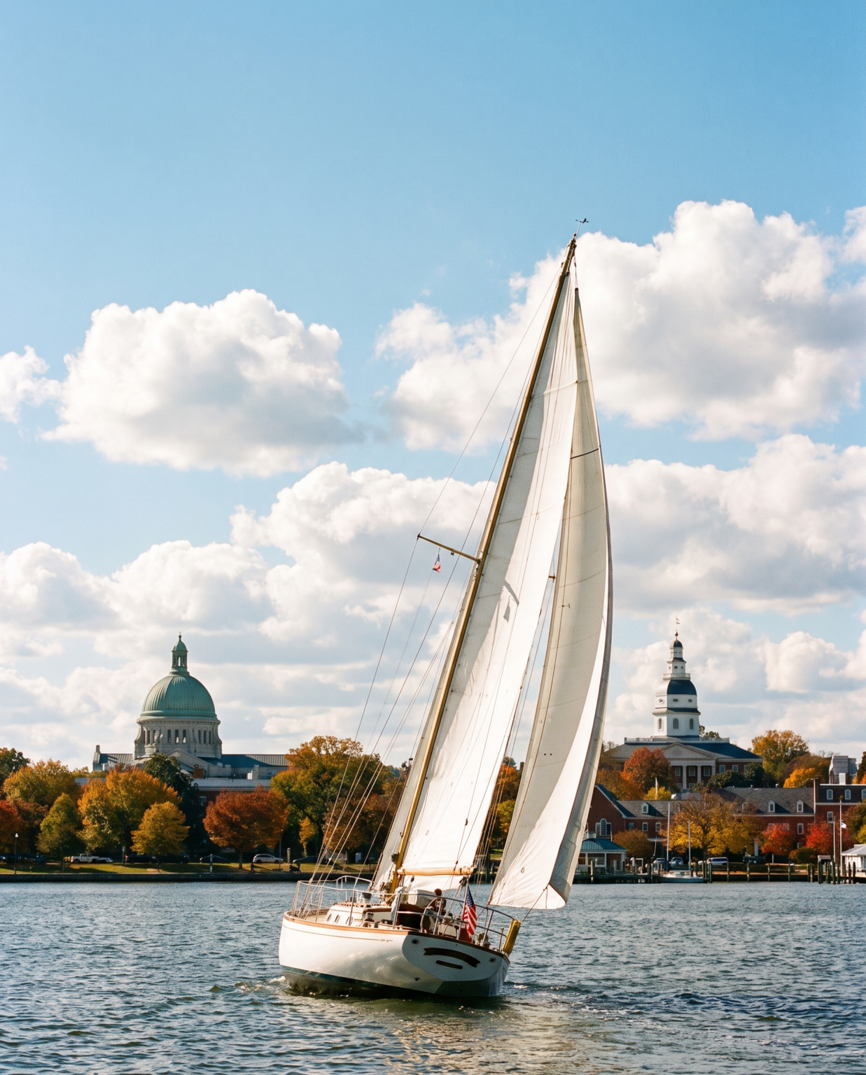 Sailboat under full sail on the Chesapeake Bay off the Annapolis waterfront