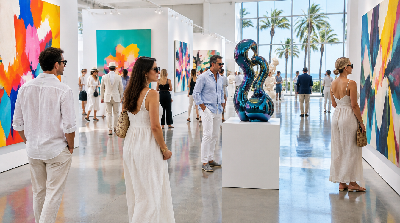Illustration of collectors browsing a bright contemporary art fair hall in Miami Beach