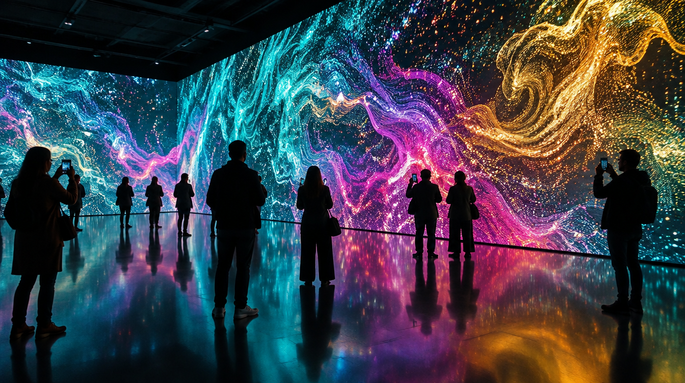 Illustration of visitors in front of an immersive wall of digital art screens