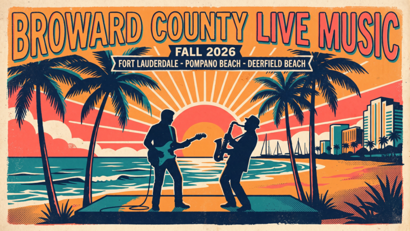 Fort Lauderdale, Pompano Beach and Deerfield Beach live music calendar — retro screen-print poster with band silhouettes, palm trees and a sunset over the Atlantic