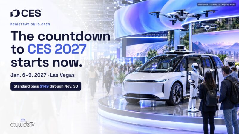 CES 2027 registration is open: Jan. 6–9, 2027 in Las Vegas, Standard pass $149 through Nov. 30, over an illustrated tech show floor with a driverless robotaxi and humanoid robot