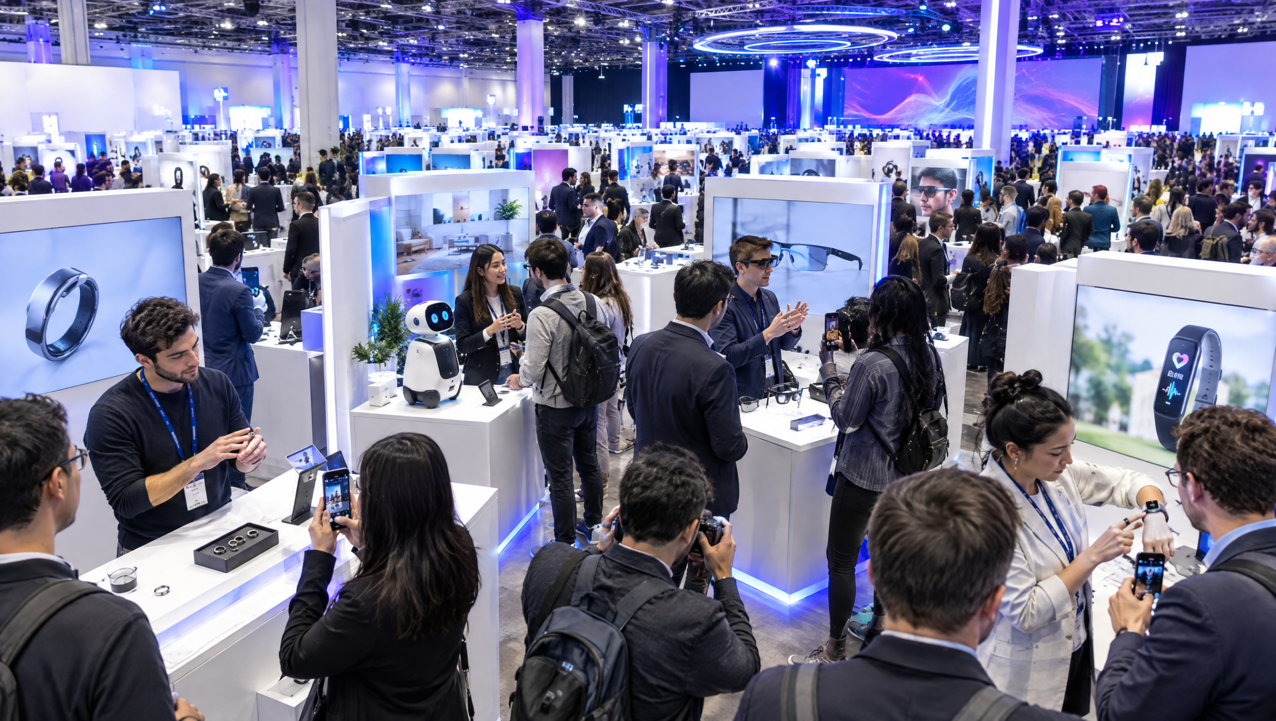 Illustration of a busy startup pavilion at a tech show, founders demoing a smart ring, a home robot and AR glasses to investors
