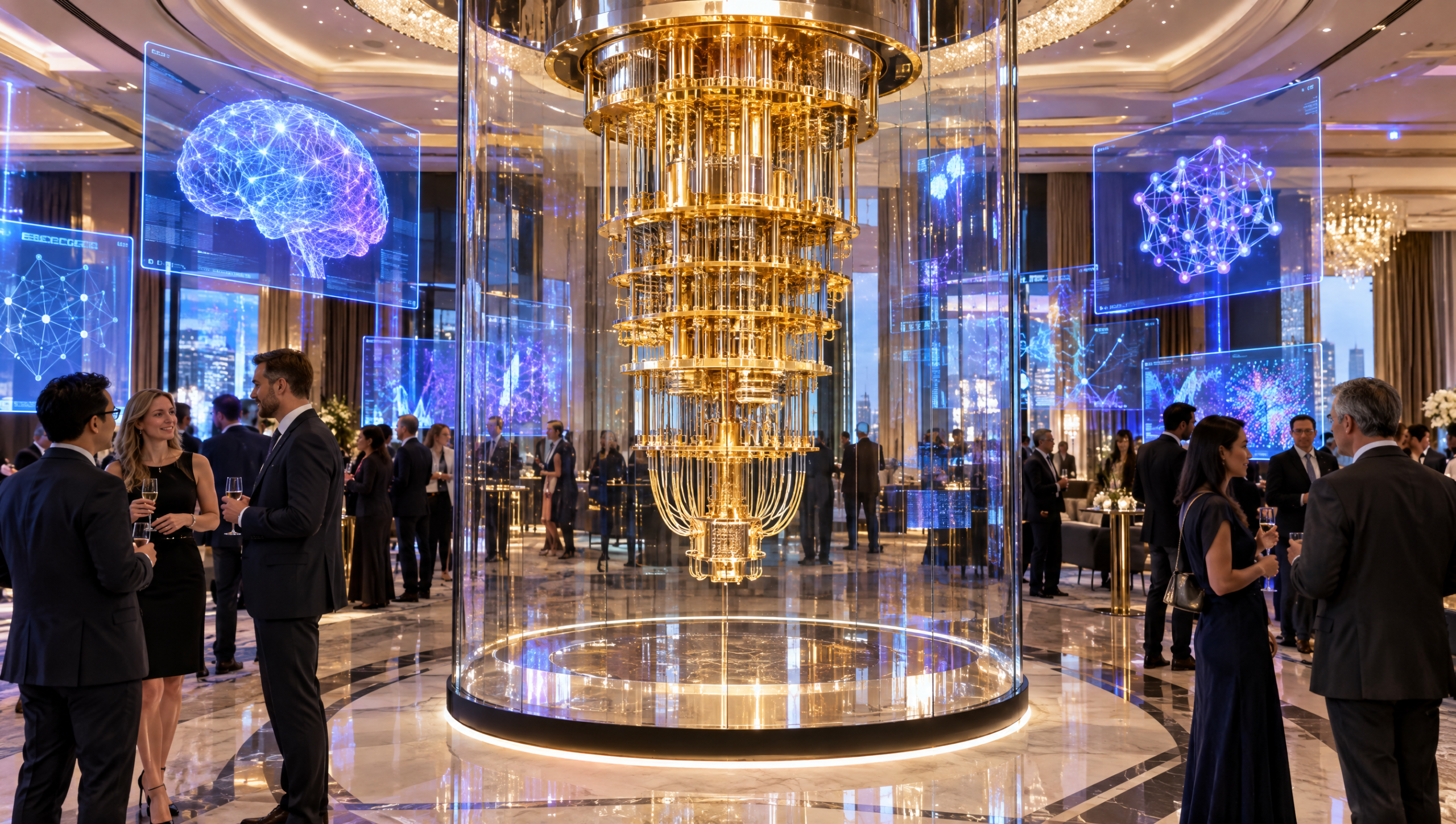 Illustration of a gold quantum computer in a glass case surrounded by holographic AI visualizations at an upscale tech exhibit