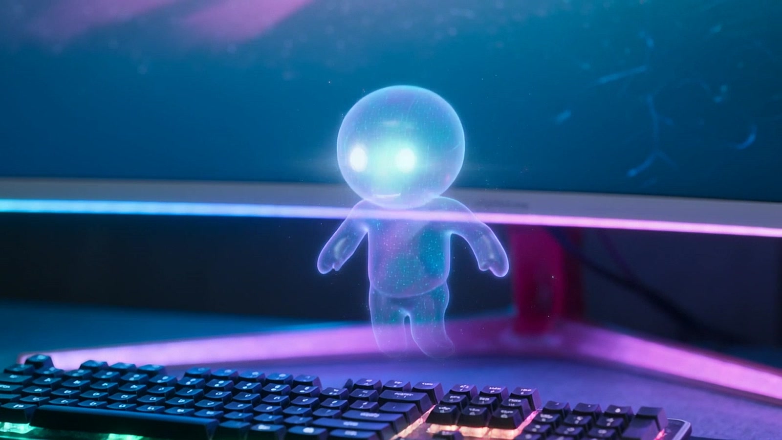 Illustration of a glowing holographic AI companion floating above a gaming desk with RGB lights
