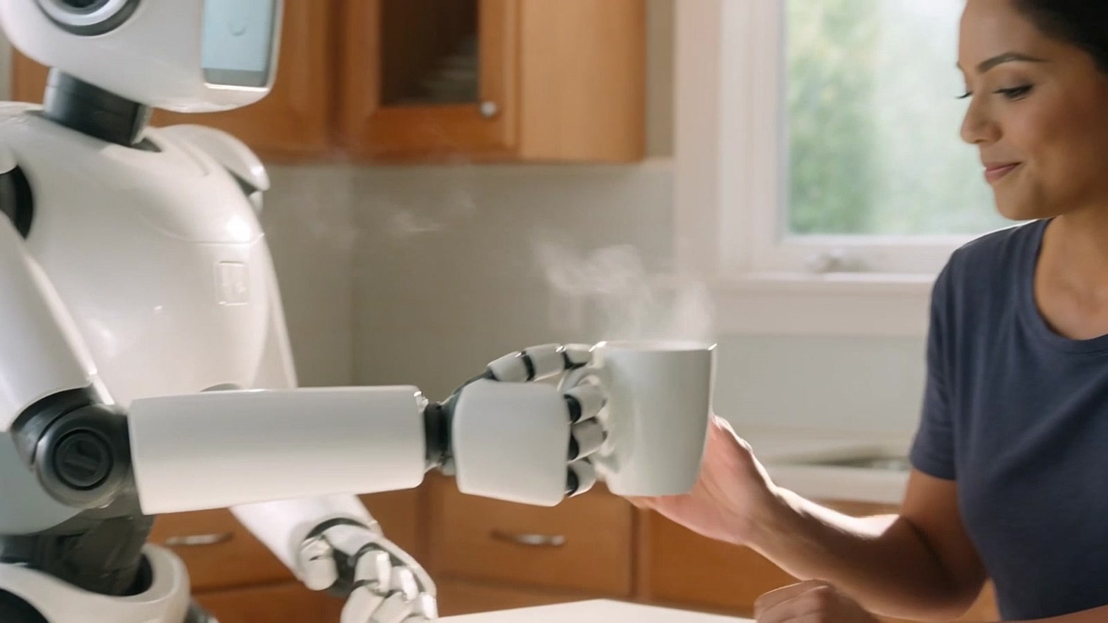 Illustration of a home humanoid robot folding laundry in a bright modern kitchen