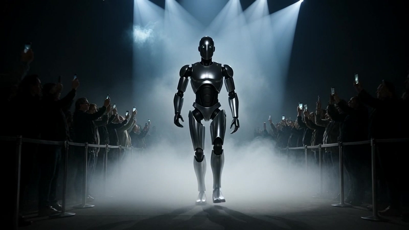 Illustration of a sleek humanoid robot walking out of stage fog under spotlights as a crowd films it