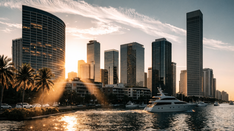 Vibrant South Florida waterfront skyline at golden sunset