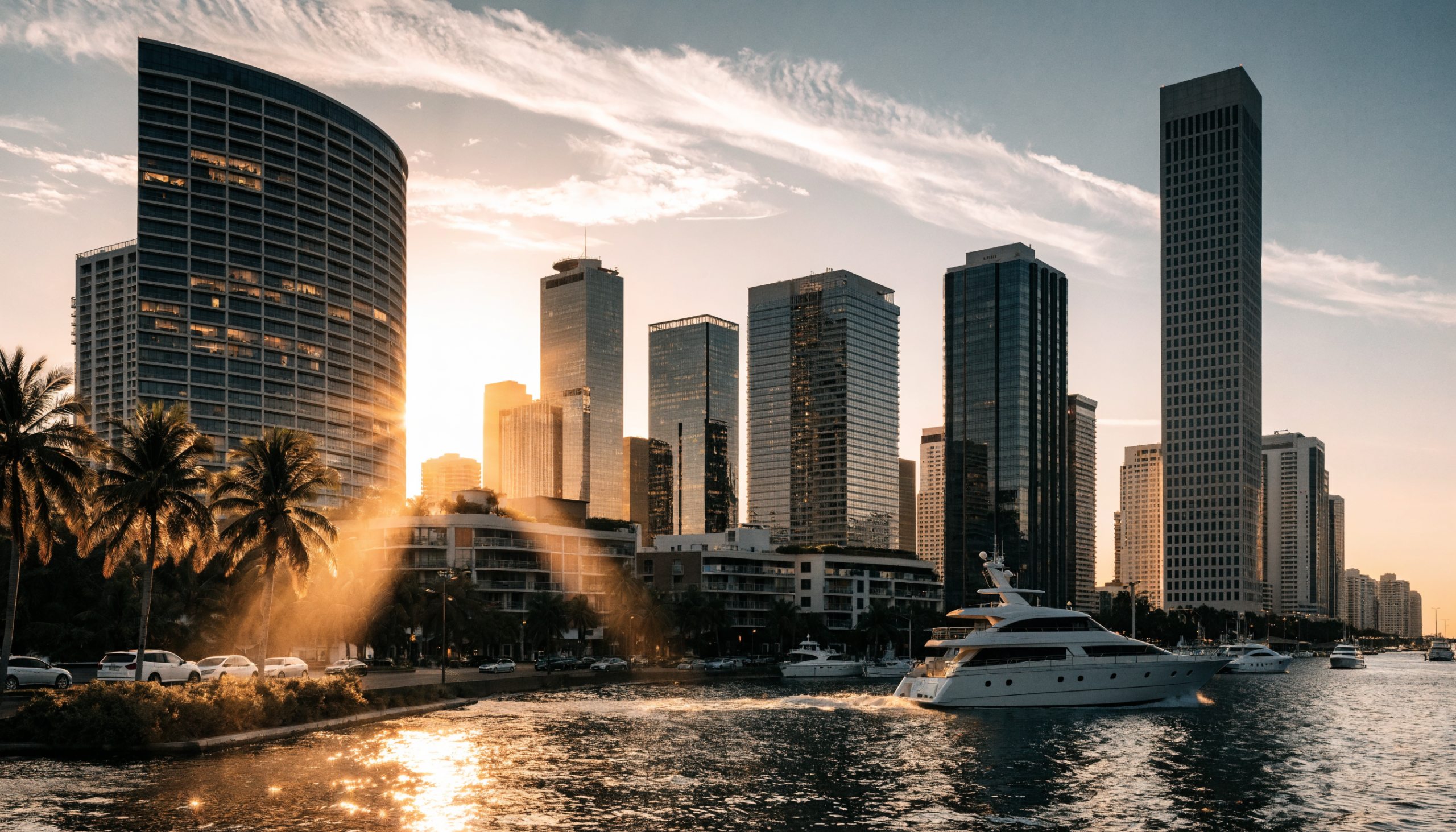 Vibrant South Florida waterfront skyline at golden sunset