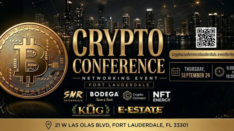 Crypto Conference Networking Event Fort Lauderdale banner — Thursday September 24, 6–10 PM at Bodega Taqueria y Tequila, 21 W Las Olas Blvd. Presented by SMR Enterprises, Bodega, Crypto Connect, NFT Energy, KLIG and E-Estate.