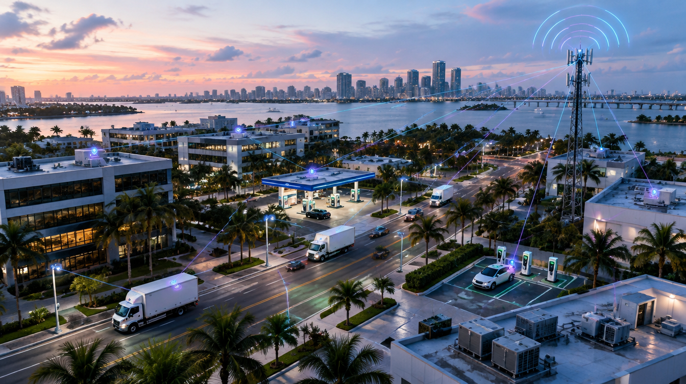Illustration of IoT devices across a South Florida business district linked by cellular signals to a cell tower