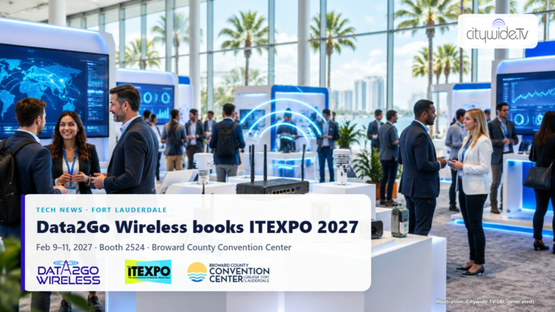 Data2Go Wireless books ITEXPO 2027 — Feb 9–11, Booth 2524, Broward County Convention Center, with Data2Go, ITEXPO and convention center logos over a trade show floor