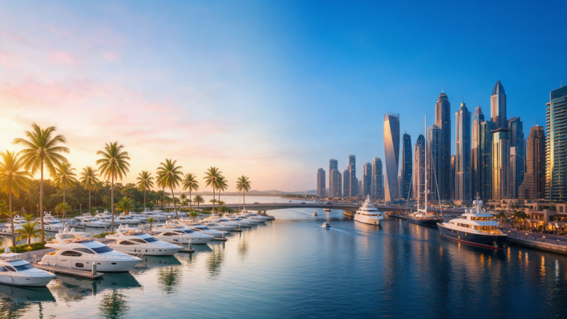 A Florida marina at sunrise blending into the Dubai Marina skyline at dusk, symbolizing a US and Gulf partnership