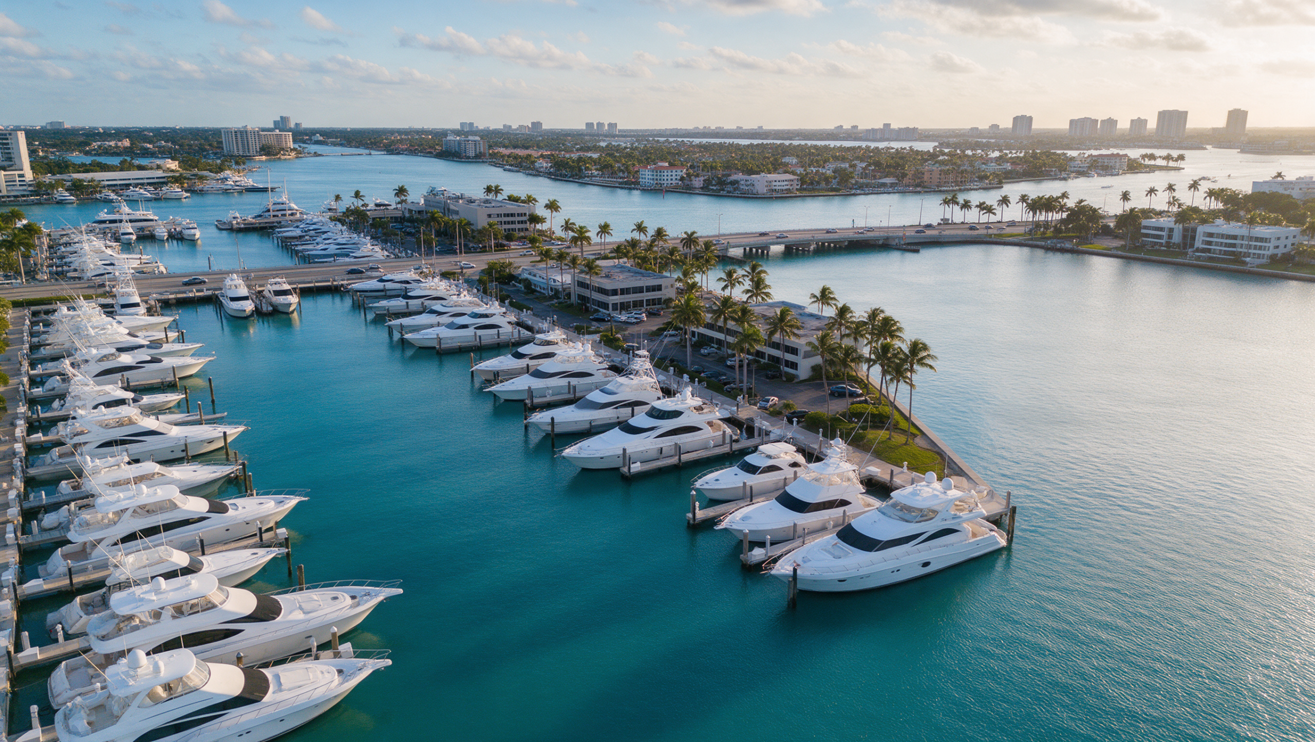 Aerial view of yacht brokerage docks along Fort Lauderdale's Intracoastal Waterway at golden hour