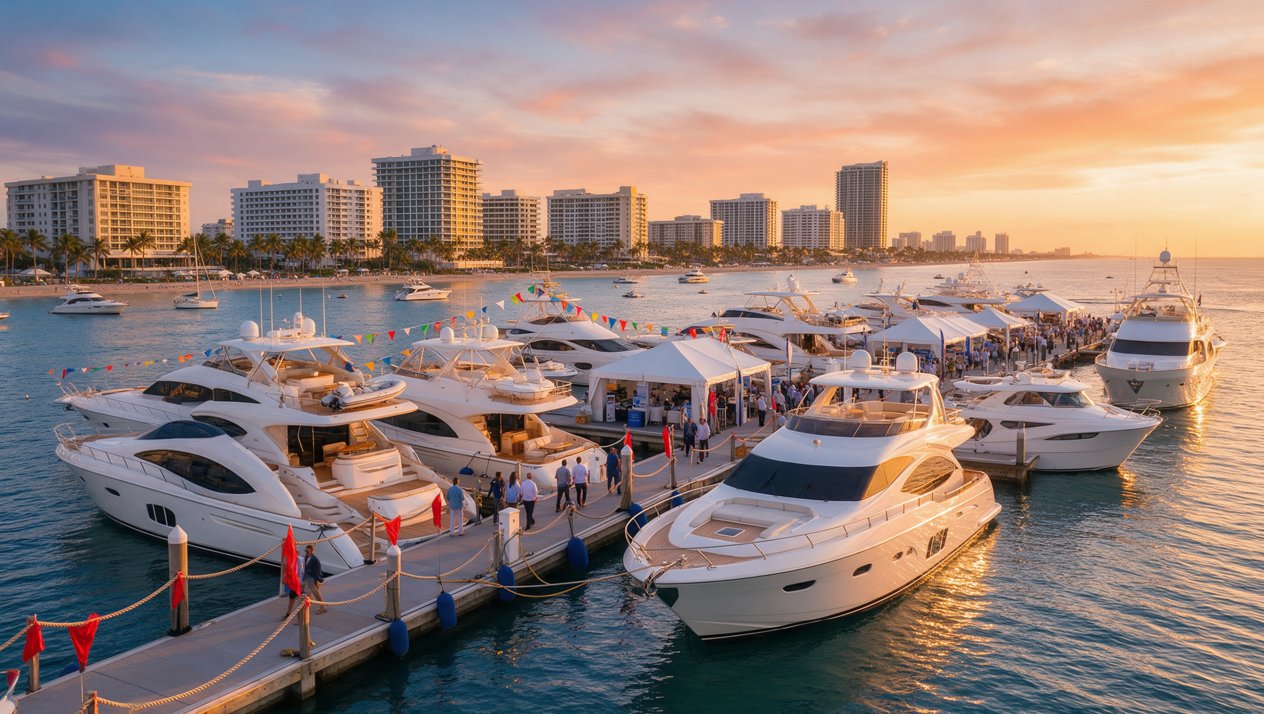 Crowds walking the floating docks of a Fort Lauderdale in-water boat show at sunset
