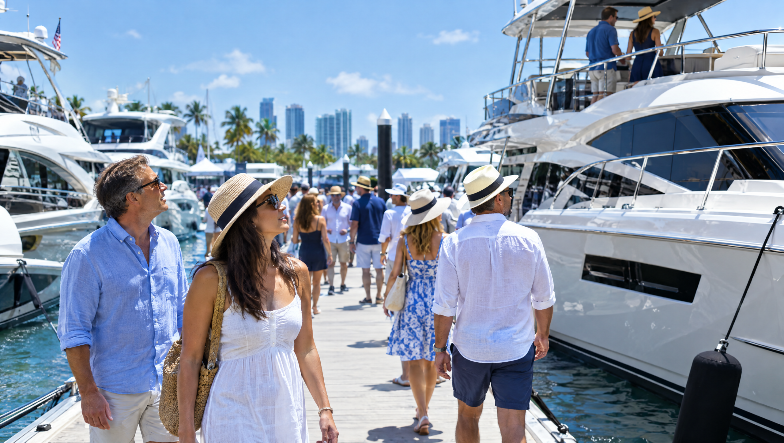 Boat show visitors in sun hats and sunglasses walking a floating dock between moored motor yachts on a bright afternoon