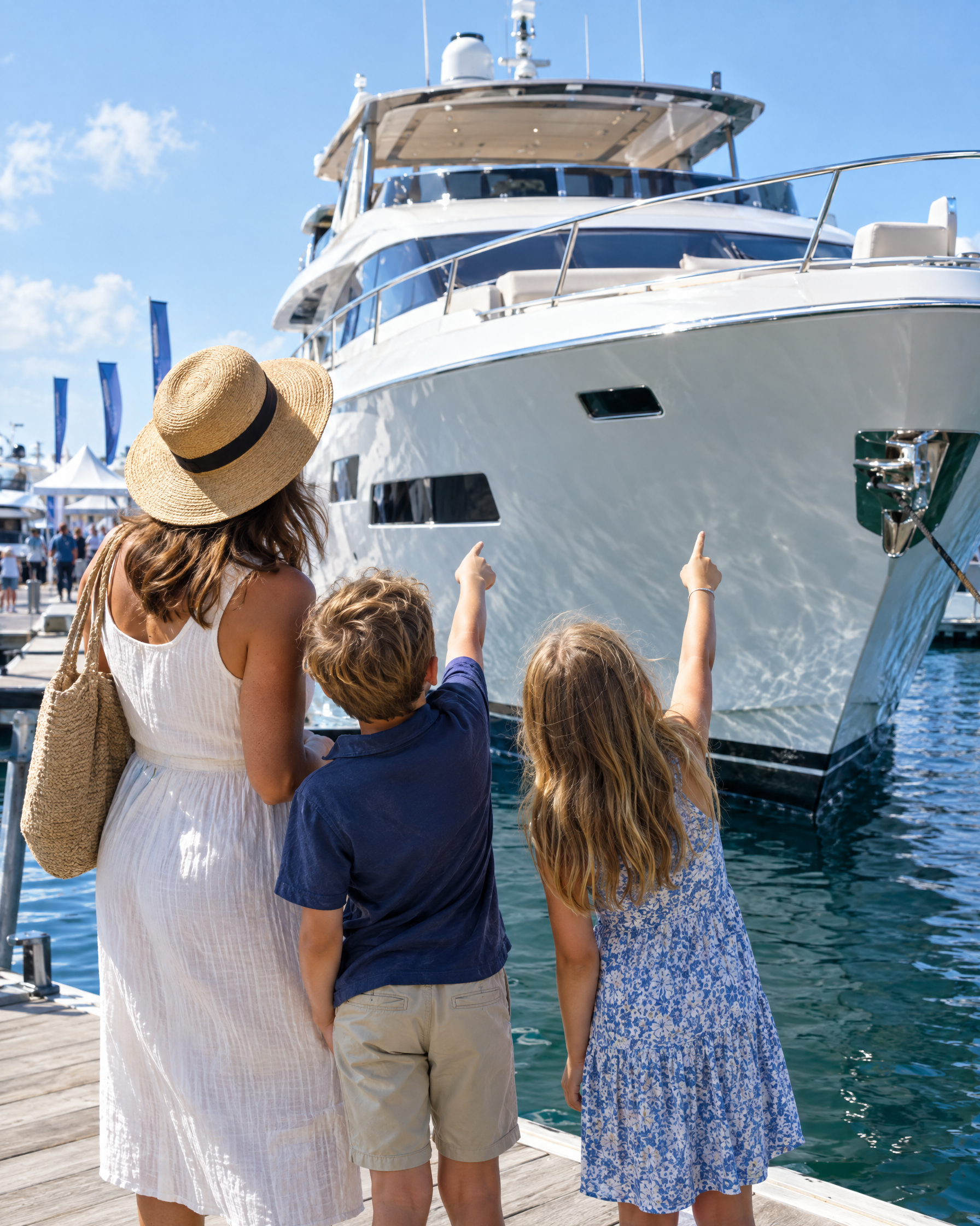 A parent and two children standing at the edge of a dock pointing up at a large white motor yacht on a sunny afternoon