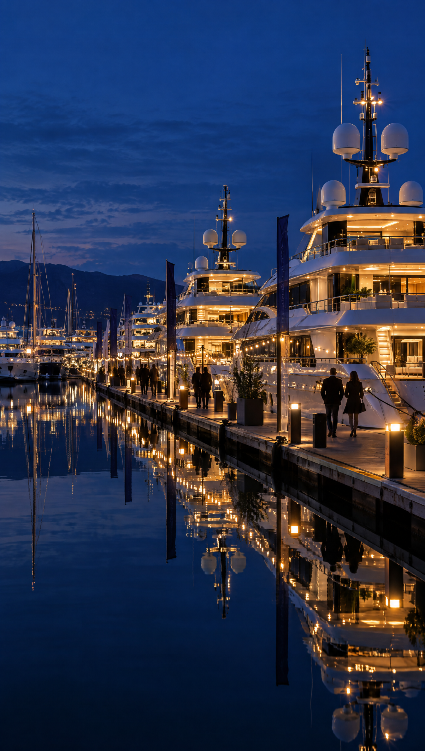 Vertical view of a marina at blue hour with warm dock lights strung along the water and yacht superstructures glowing against a deep indigo sky