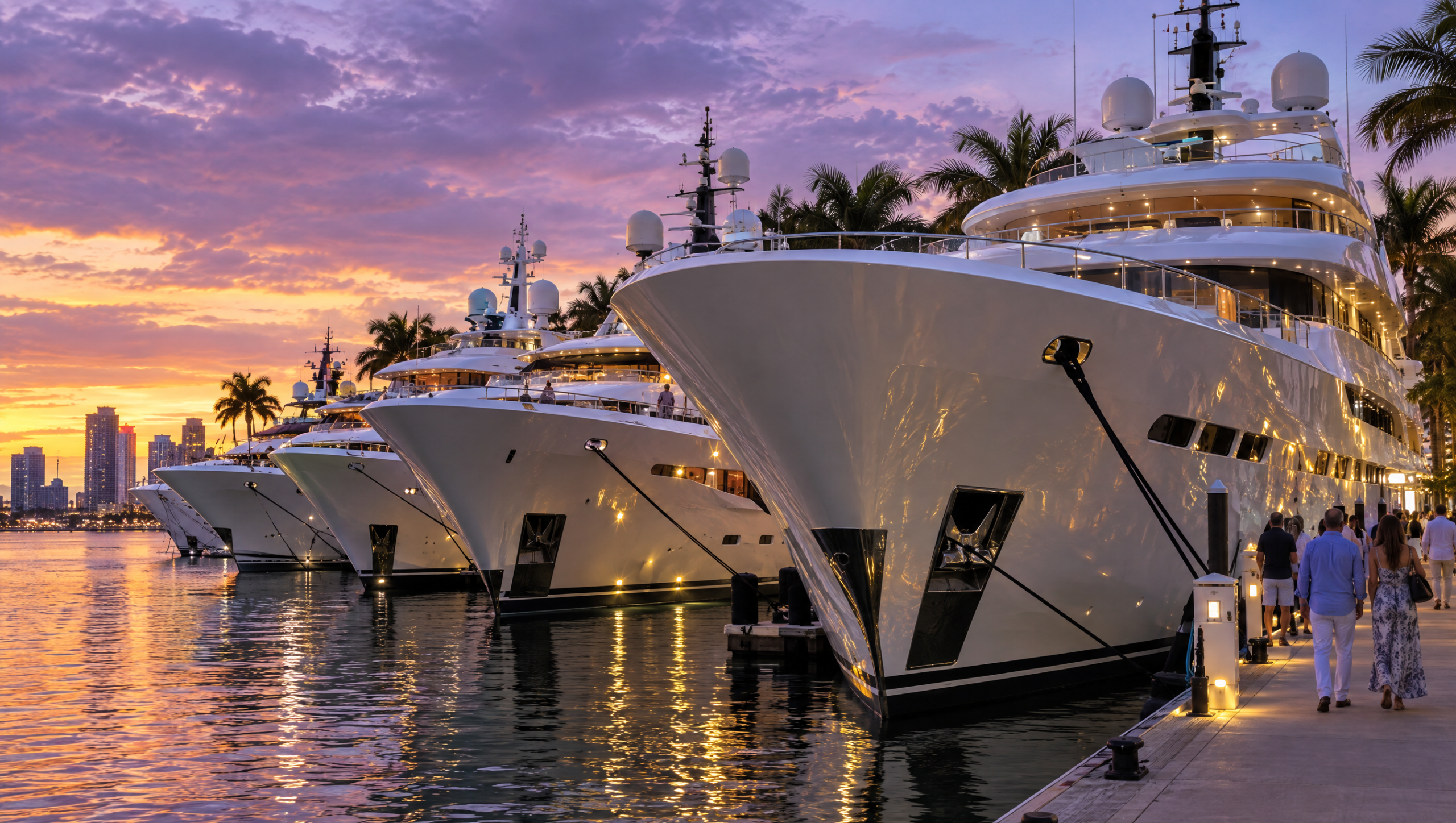 A row of large white superyacht bows lined up along a dock at dusk with deck lights on and a purple and amber sky