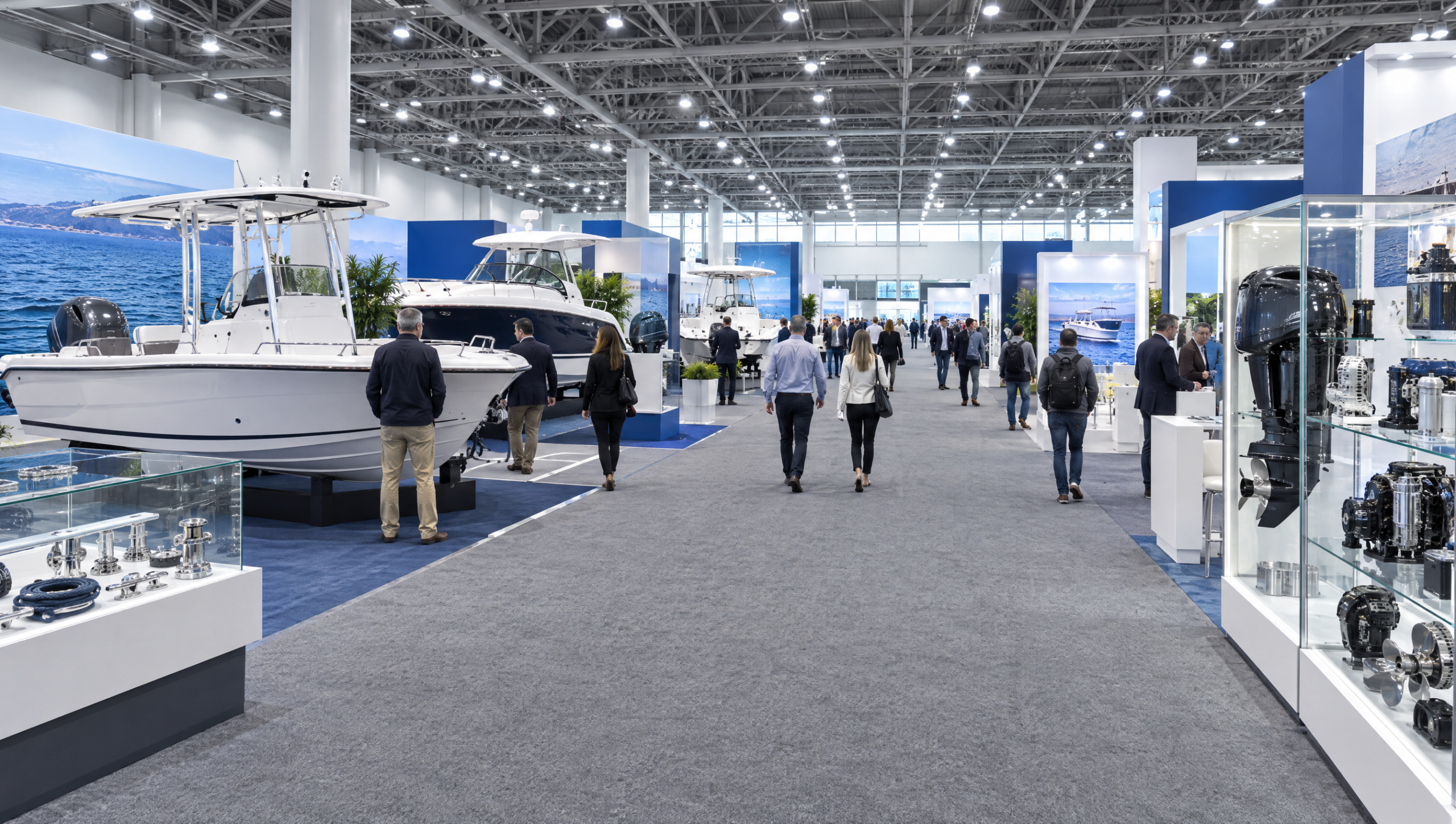 Wide interior of a large marine trade show exhibition hall with boats on stands, glass display cases and visitors walking the aisles