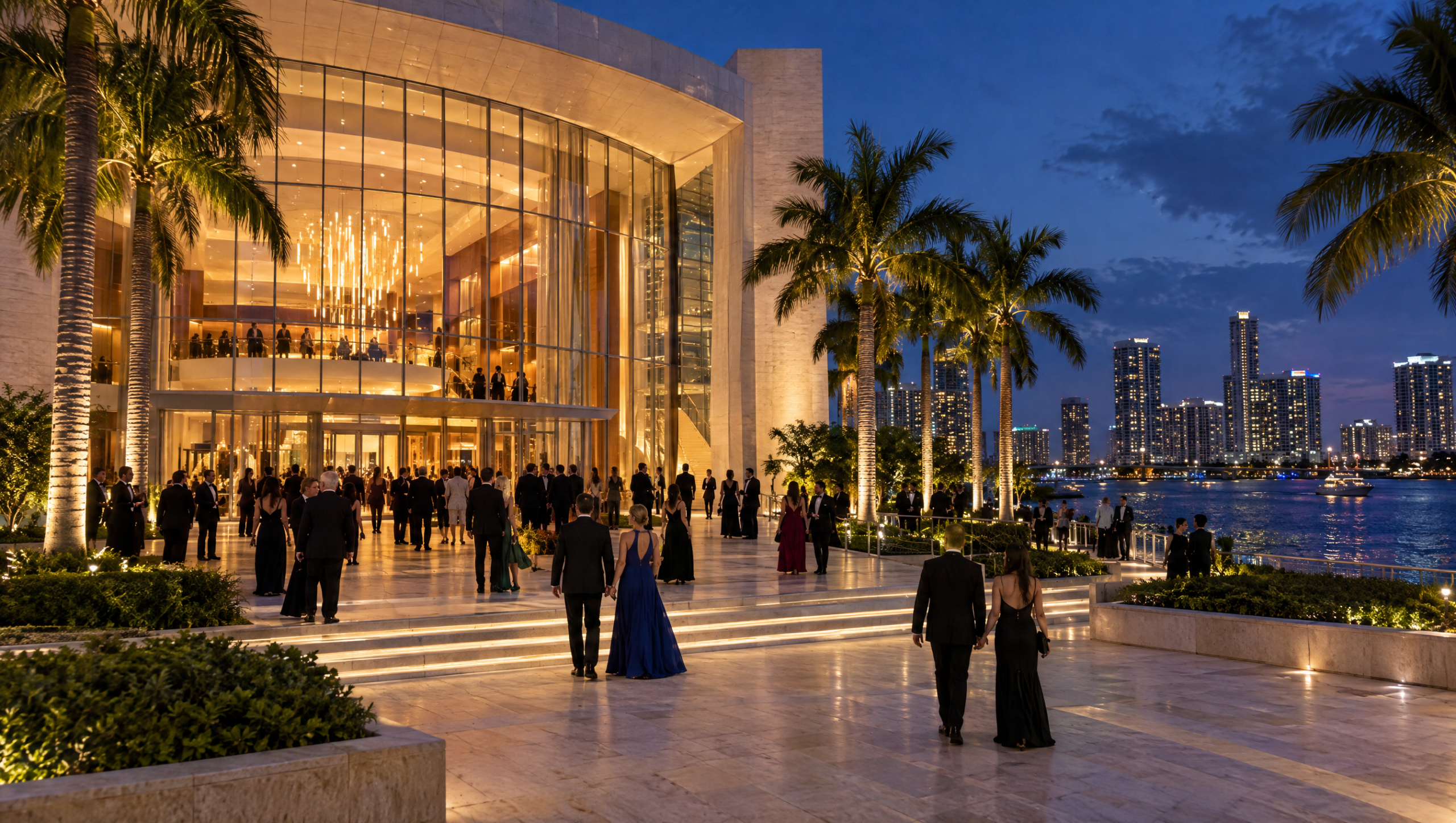Guests in black tie and gowns walking up a lit entrance plaza outside a modern performing arts centre at night