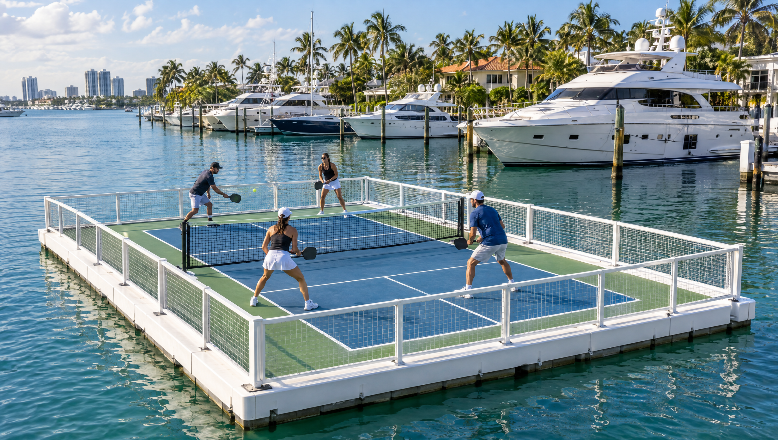 A pickleball court built on a white floating platform on marina water with players mid-rally and yachts behind