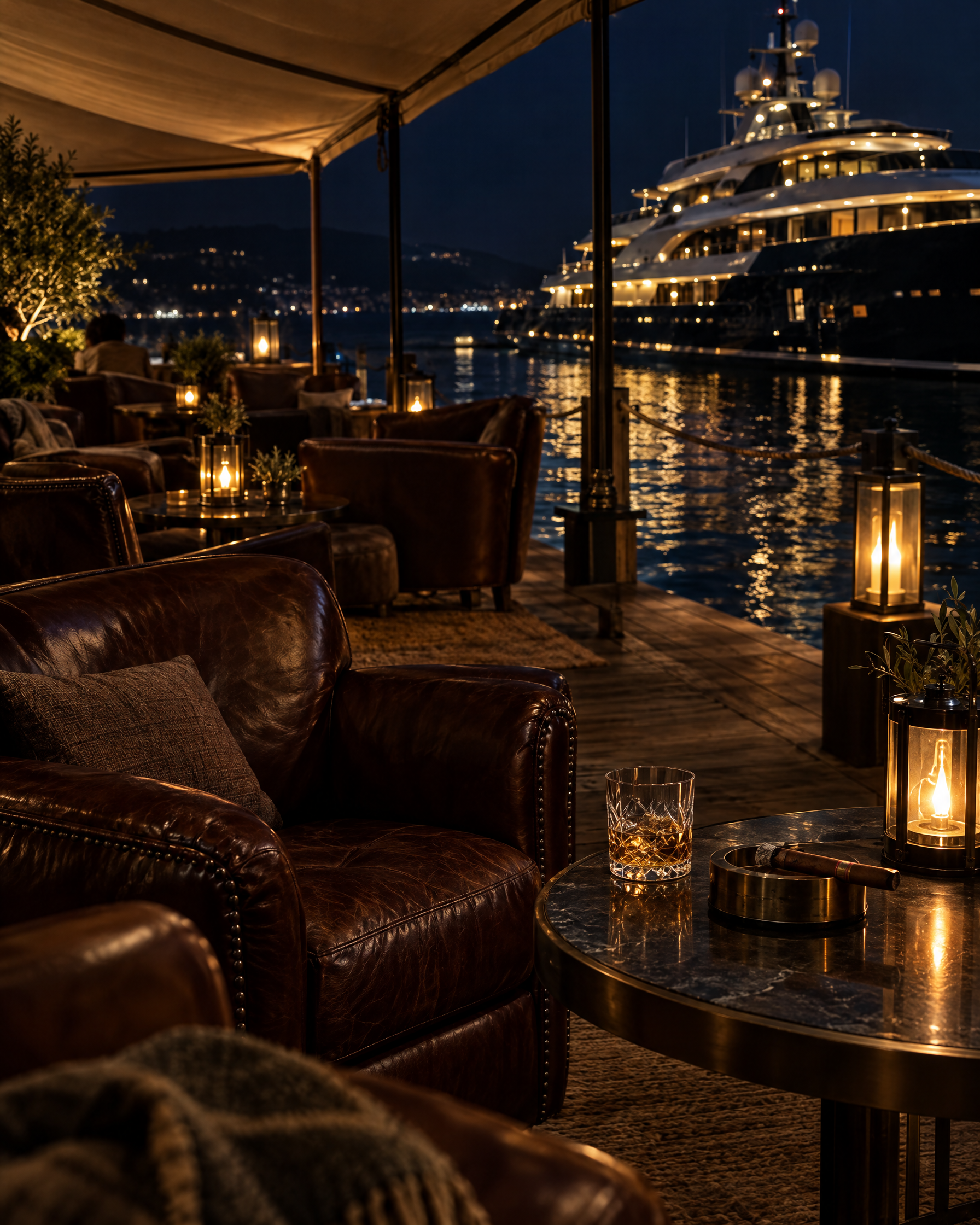 Leather armchairs and low tables under a canopy on a dock at night with lantern light and a lit yacht hull beyond