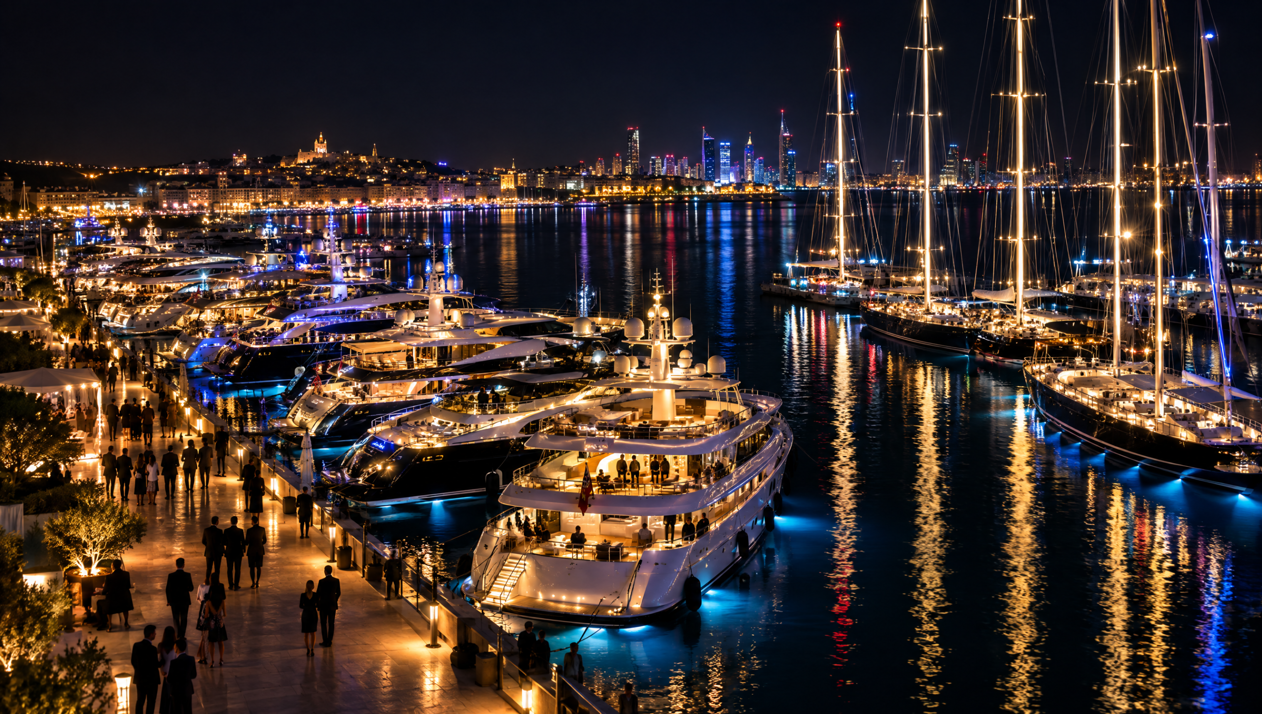 Rows of illuminated yachts reflecting on black water with warm dock lighting and a glowing city skyline behind