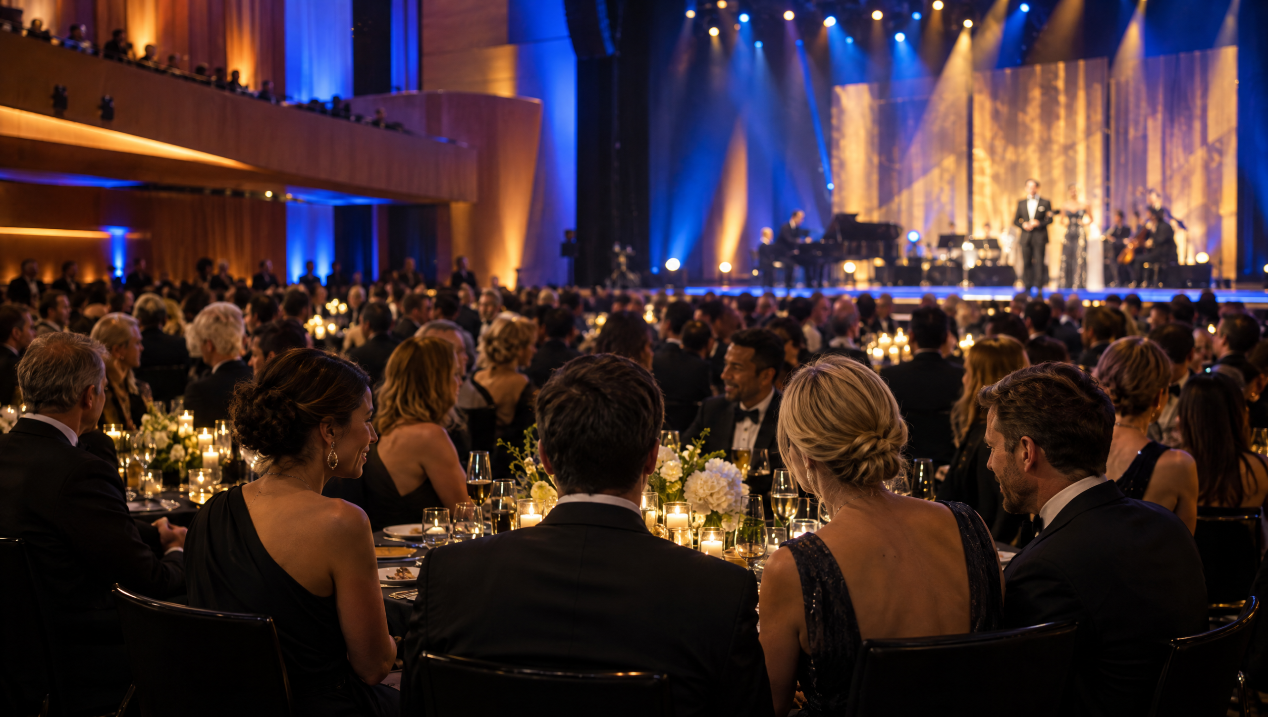 Guests in black tie at candlelit round tables in a performing arts centre with a lit stage behind