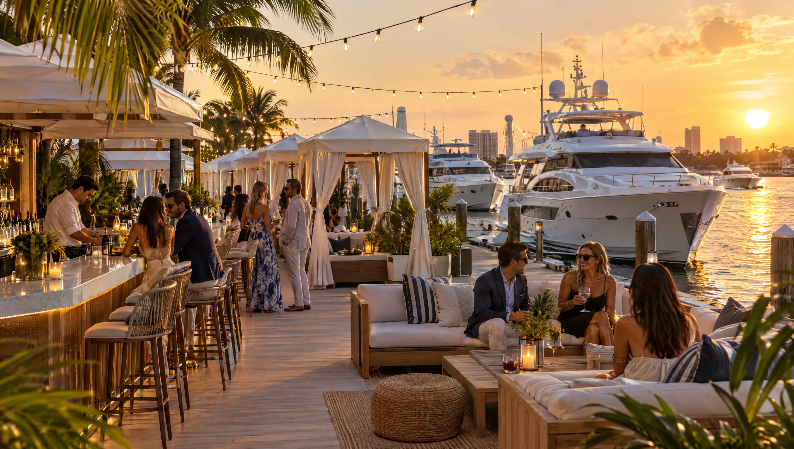 White canvas cabanas and an outdoor bar along a marina dock at golden hour with string lights and moored yachts behind