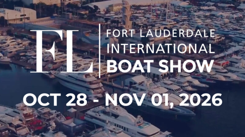 Aerial view of the Fort Lauderdale International Boat Show marina packed with yachts at dusk, with the FLIBS logo and the dates 28 October to 1 November 2026