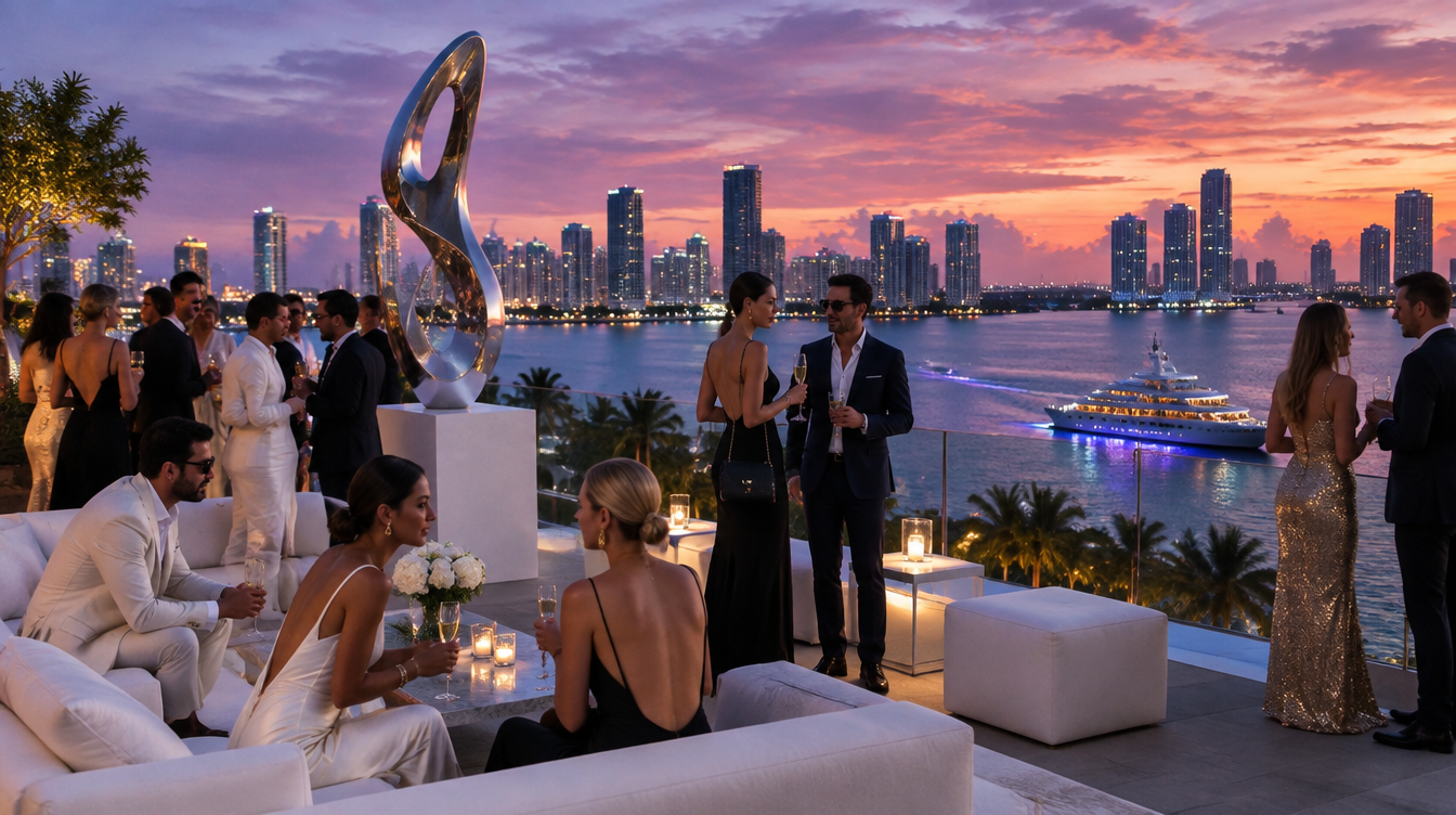 Illustration of an art week rooftop party overlooking Biscayne Bay and the Miami skyline at dusk