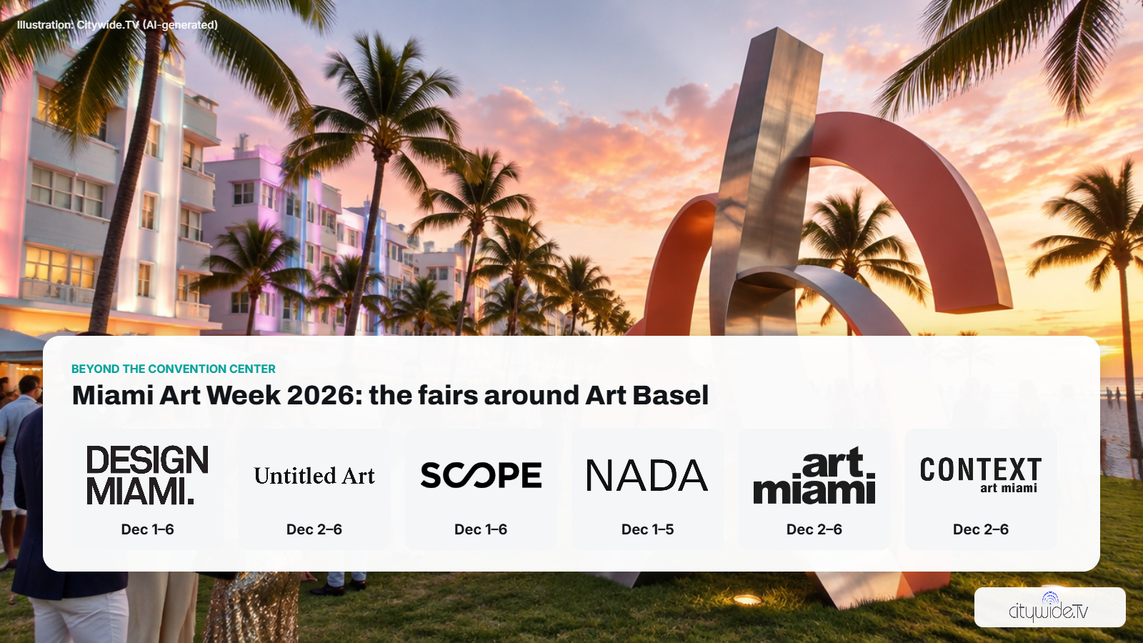 Logos and dates of Miami Art Week 2026 fairs Design Miami, Untitled Art, SCOPE, NADA, Art Miami and CONTEXT over an Ocean Drive scene