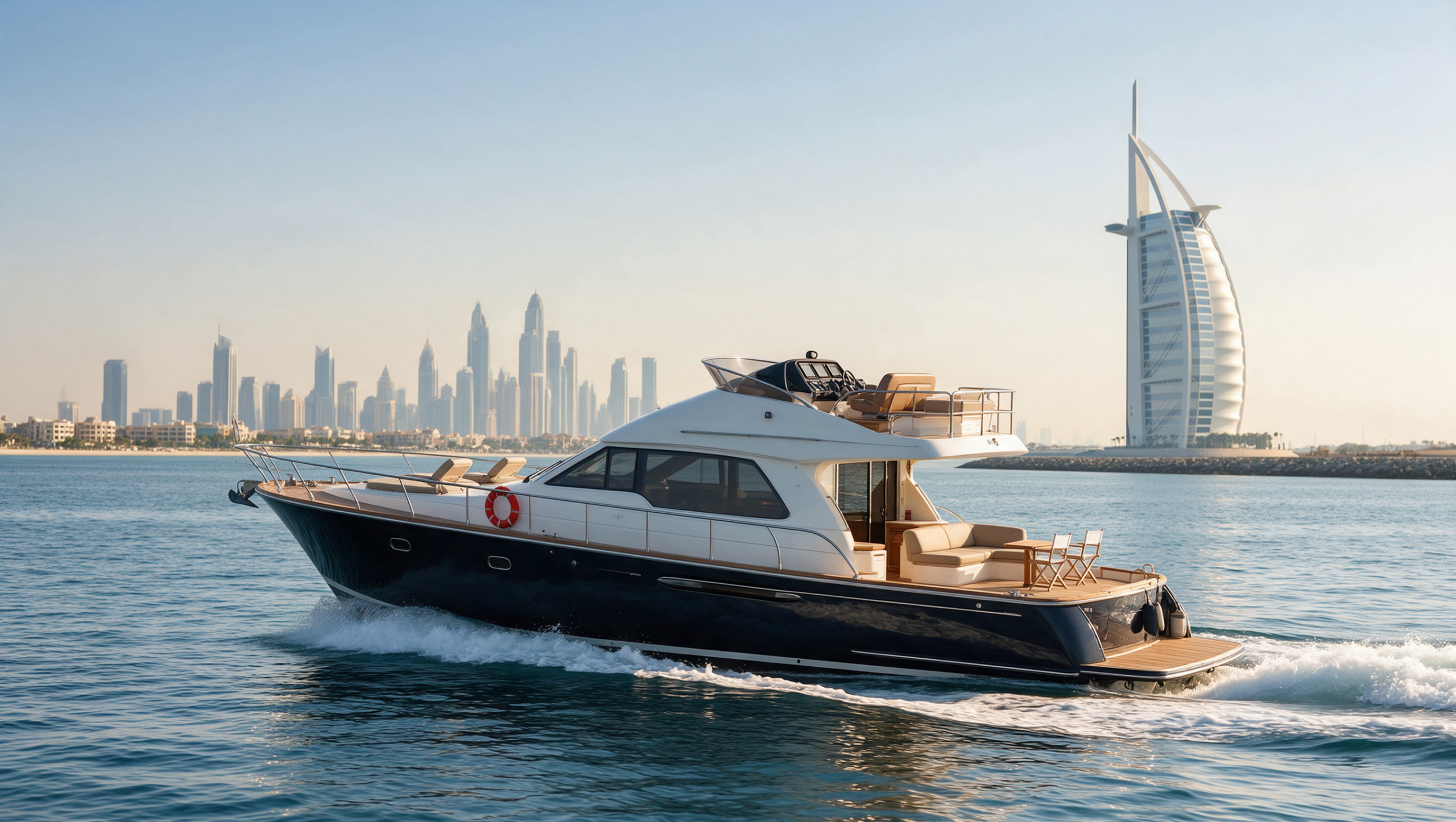 A luxury motor yacht cruising the Arabian Gulf off Dubai