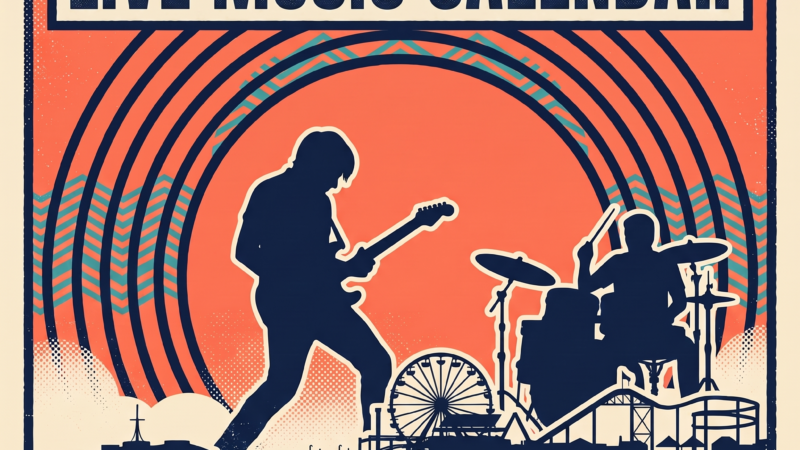 Ocean City Maryland / Berlin Live Music Calendar — retro screen-print poster with guitarist silhouette against a sunset over the ocean