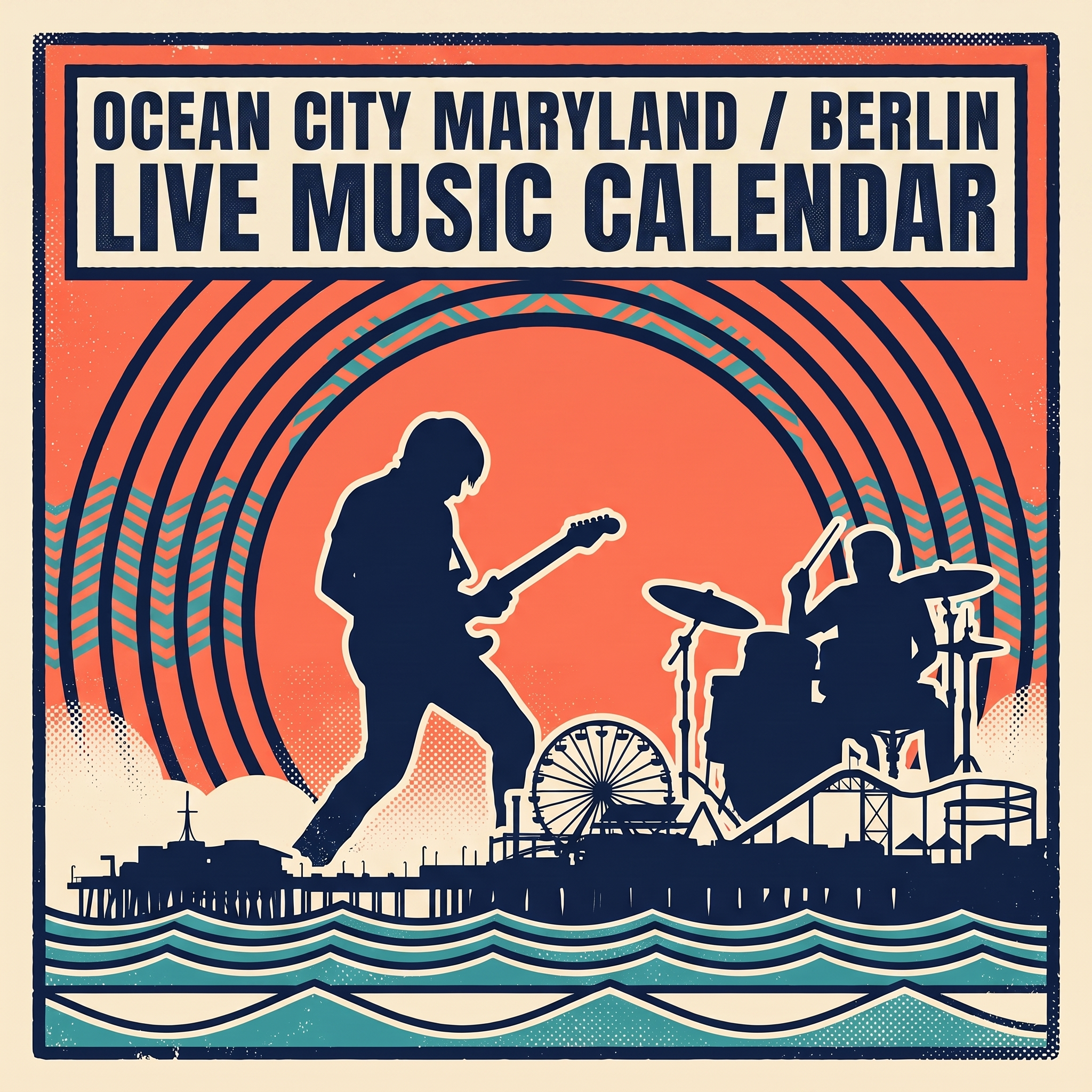 Ocean City Maryland / Berlin Live Music Calendar — retro screen-print poster with guitarist silhouette against a sunset over the ocean