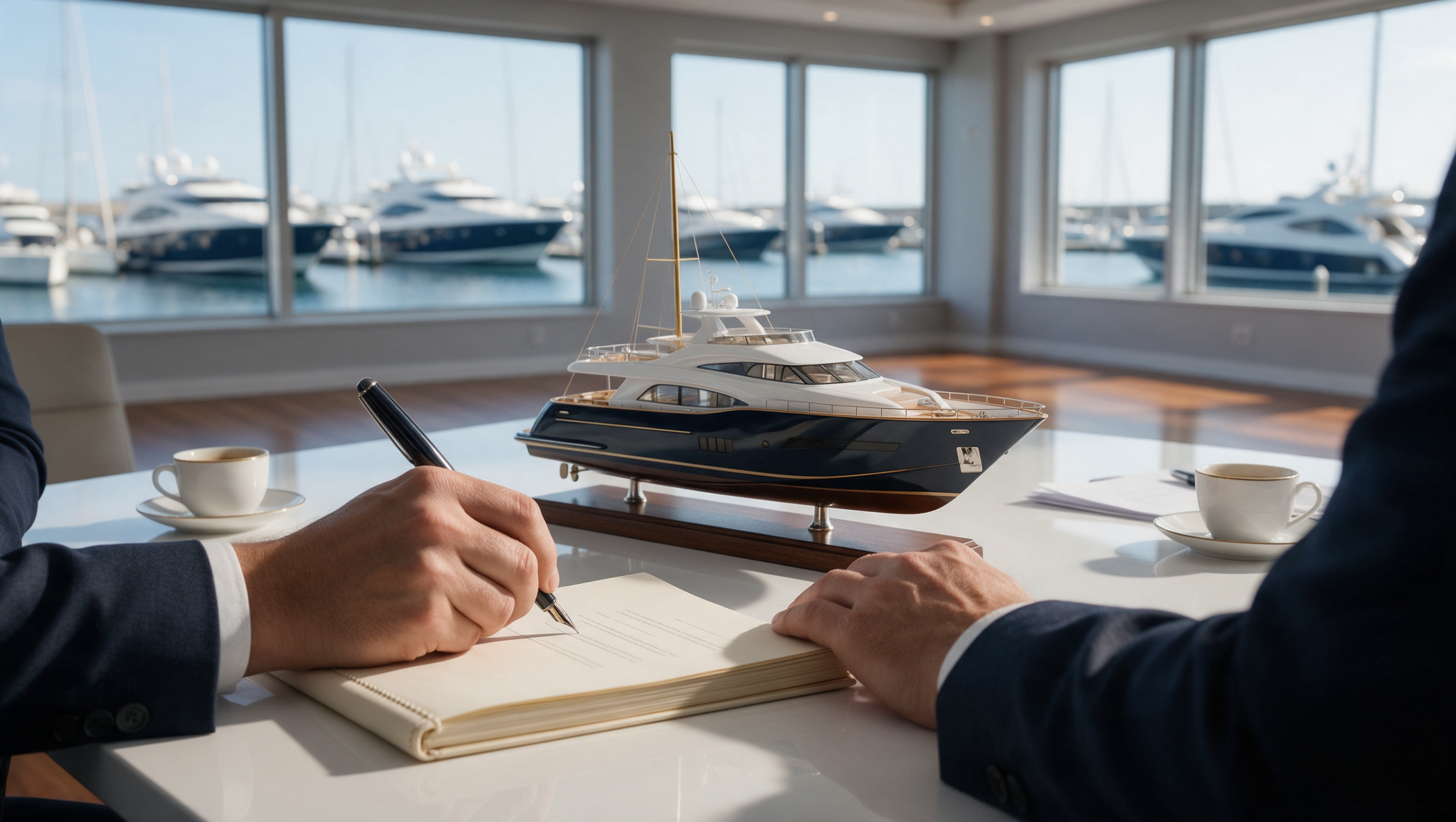 Executives signing a deal in a yacht brokerage boardroom overlooking a marina