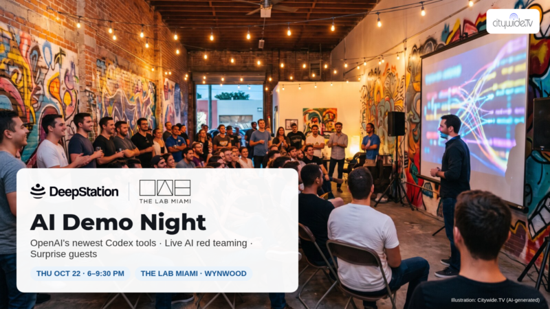 AI Demo Night at The LAB Miami, Thursday October 22, 2026, presented by DeepStation — crowd watching a live AI demo in a Wynwood tech hub