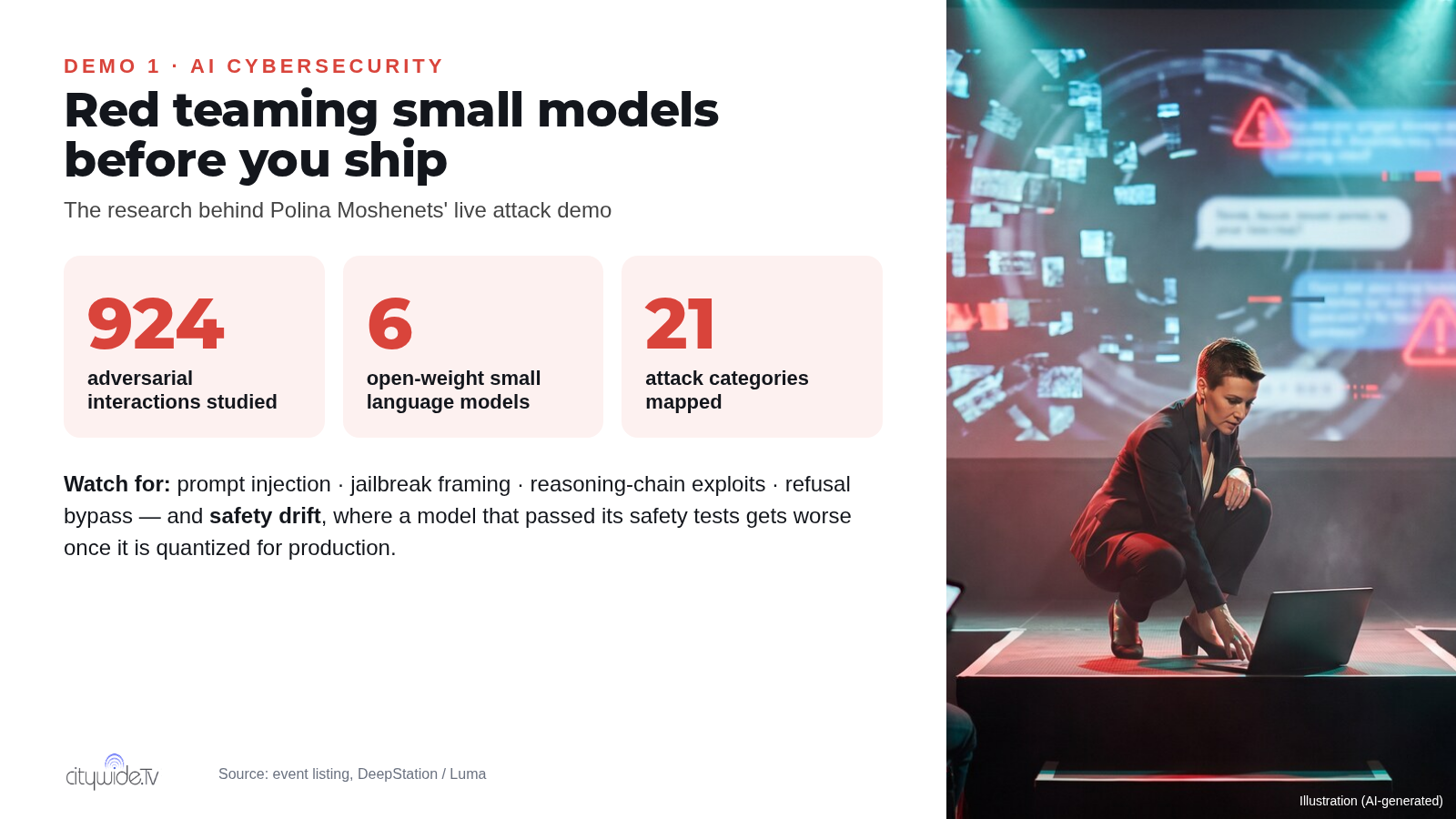 924 adversarial interactions, 6 open-weight small language models, 21 attack categories