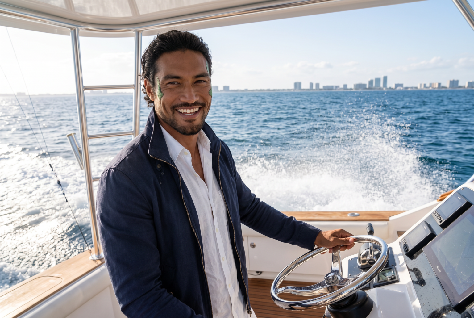 Alex Marlow, Citywide.TV's AI-generated marine host, at the helm of a sport fishing yacht off Fort Lauderdale