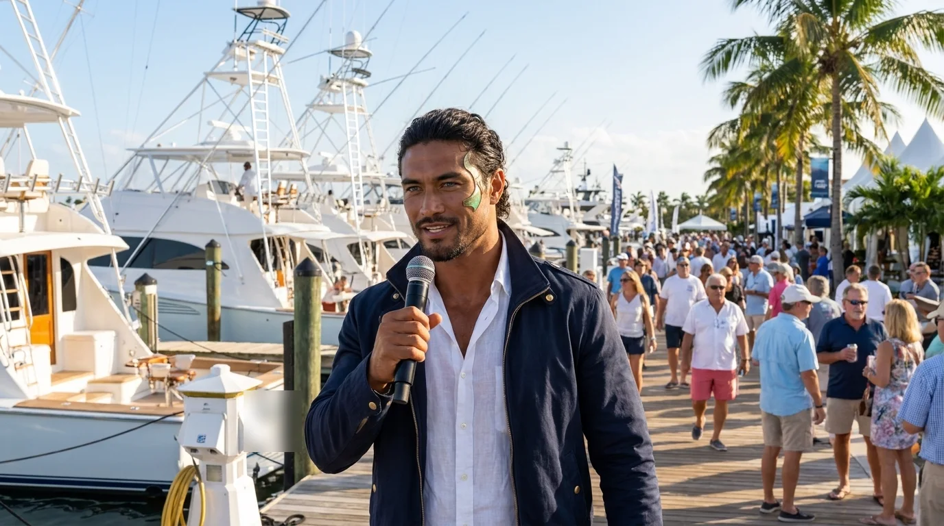 Alex Marlow, Citywide.TV's AI marine host, with a microphone on a busy boat show dock